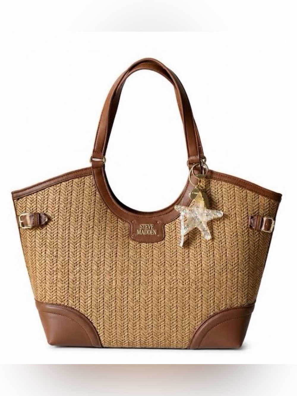 Steve Madden Tan Woven Tote with Brown Trim